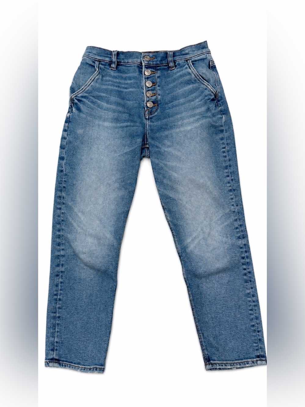 American Eagle Outfitters Women's Light Blue Mom Cropped Button-Fly Jeans Size 0